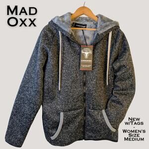 NEW Mad Oxx Women's Black Heather Faux Fur Lined Full Zip Hoodie Size Medium